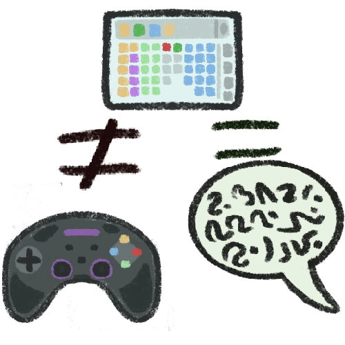 A drawing of a tablet with an AAC app open on it. Under and to the left is a not equals sign and a grey game controller. To the right is an equals sign and a speech bubble with garbled text inside.